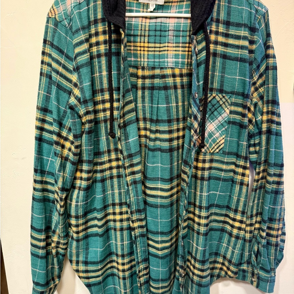 Maurice’s Teal and Yellow Plaid Shirt with Pocket and hood